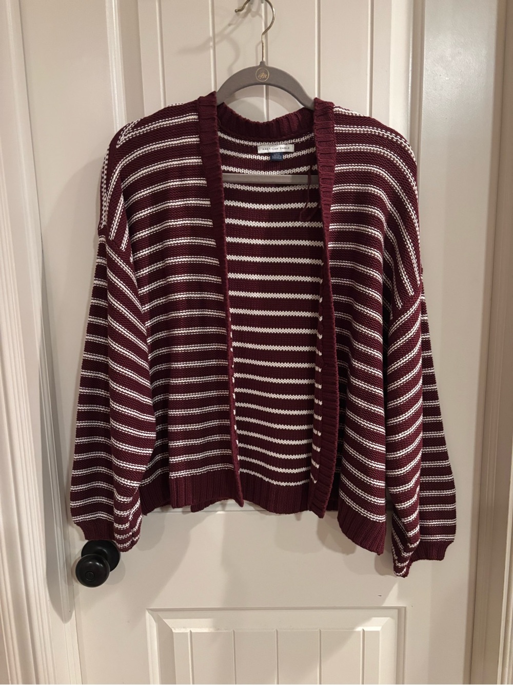 American Eagle Outfitters Burgundy and White Striped Open Cardigan